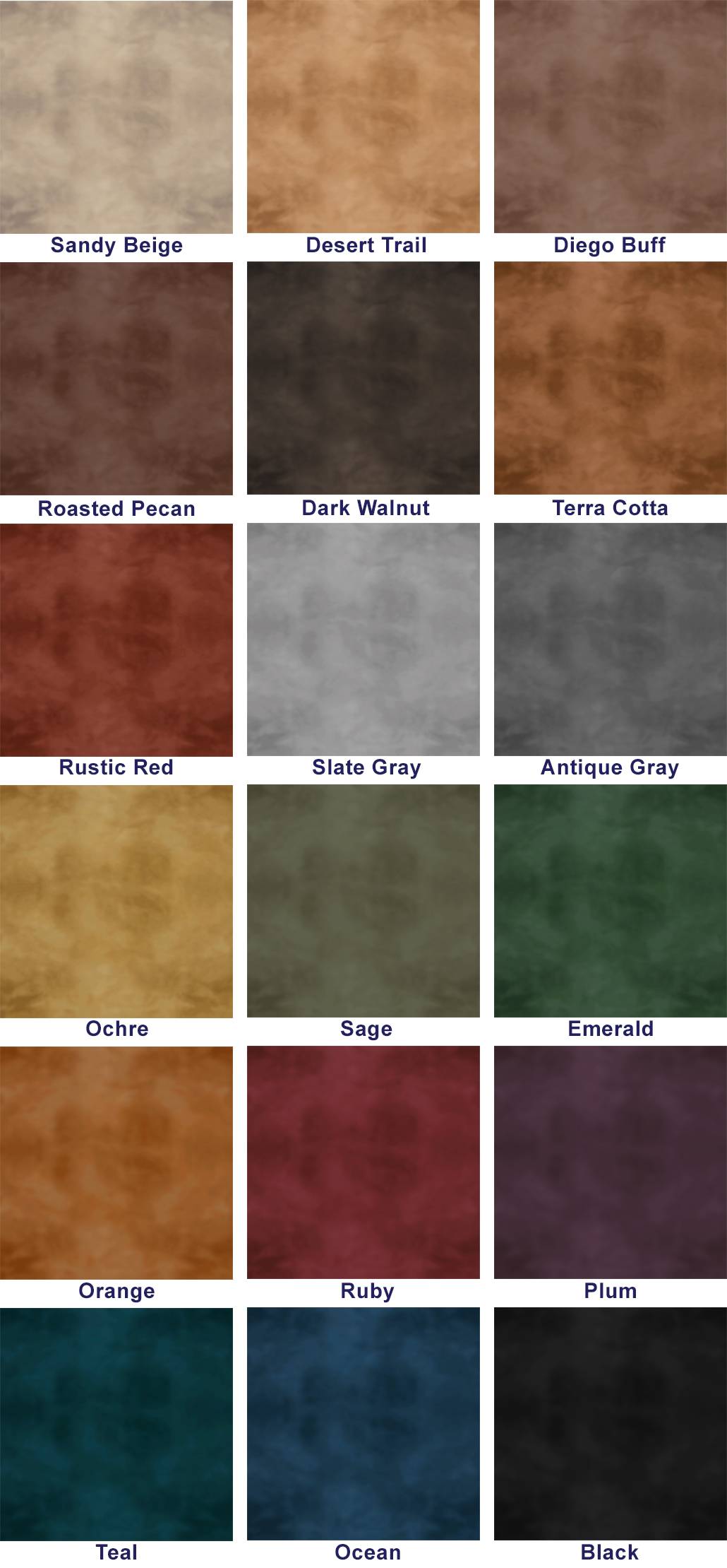 A color swatch of the decorative concrete stain colors available for a mottled or uniform application.